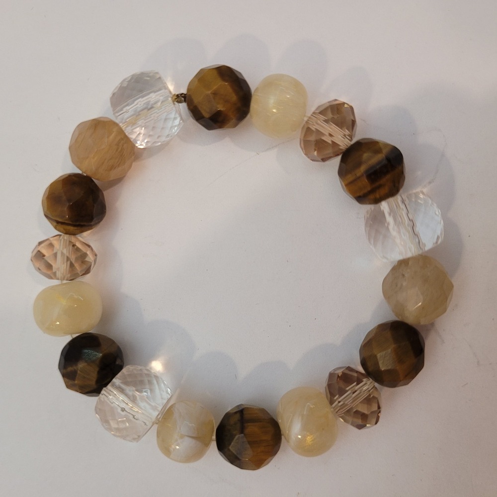 Vintage Beaded Stretch Bracelet Women Tiger Eye Agate Glass Neutral Boho